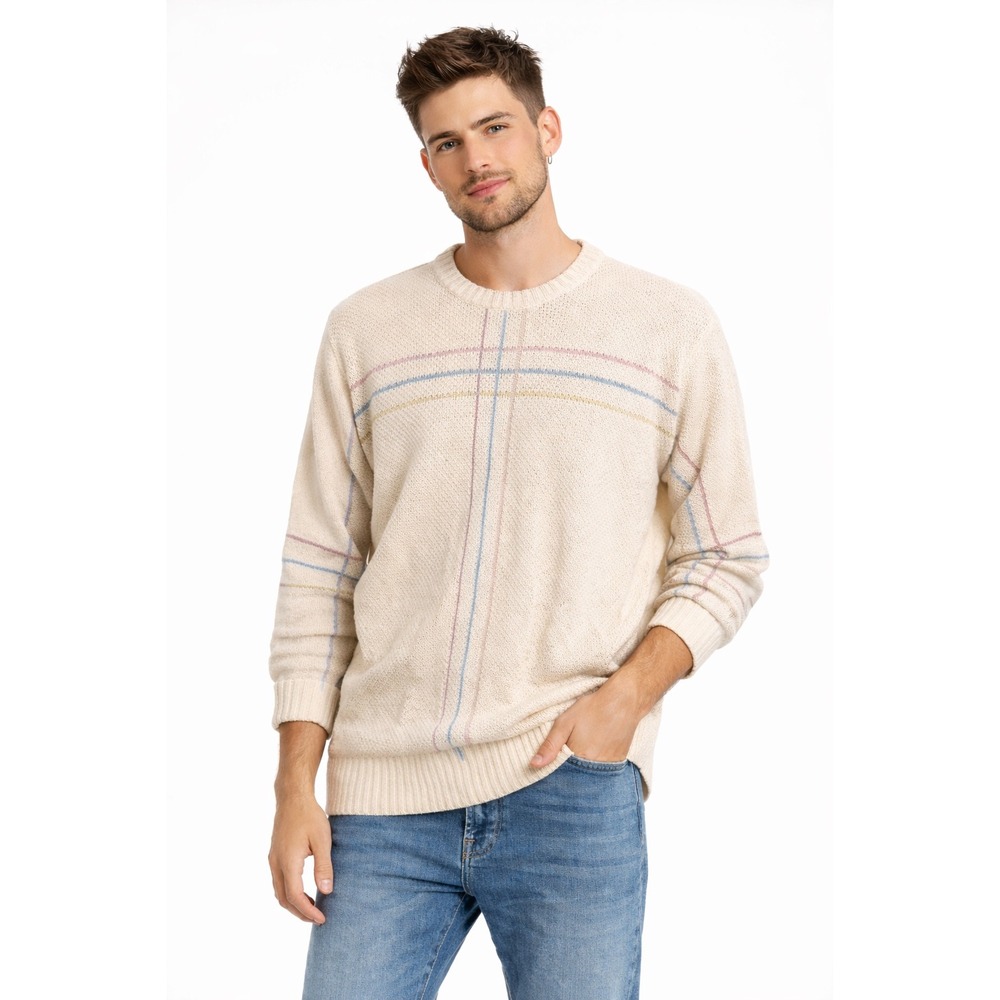 Damon Sweater Mens Medium Cream Linen Cotton‎ Grid Knit Vintage Grandpacore